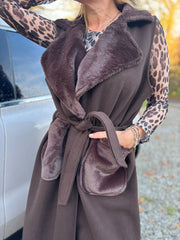 Chocolate Sleeveless Faux Fur Trim Coat Alexis