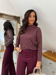 Wine Diamond Print Top Carmen
