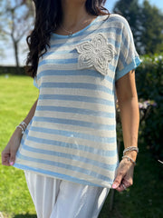 Blue Crochet Floral Striped Top Gemma