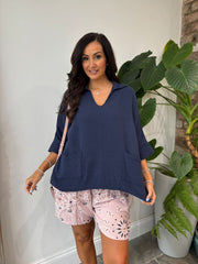 Navy Bubble Cotton Pocket Blouse Carol