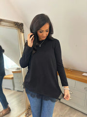 Black Ruched Lace Trim Top Janet