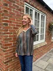 Denim Blue Pattern Stripe Shimmer Top Freya