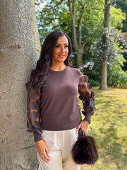 Chocolate Applique Mesh Sleeve Knit Celine