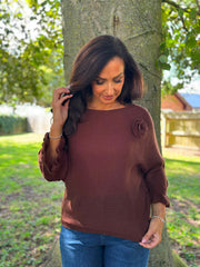 Chocolate Applique Ruffle Sleeve Knit Crystal