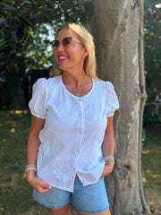 White Buttoned Broderie Flower Top Marcia