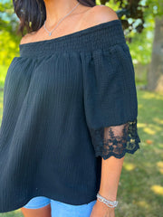 Black Bubble Cotton Lace Trim Top Adele