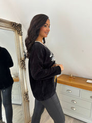 Black Chenille Leopard V Neck Sweatshirt Elle