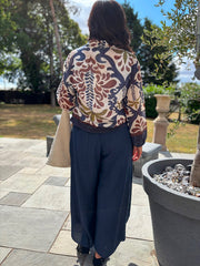 Navy Palm Oasis Linen Blend Bomber Jacket