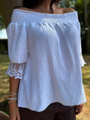 White Bubble Cotton Lace Trim Top Adele