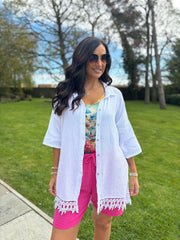 White Bubble Cotton Crochet Hem Blouse Jo