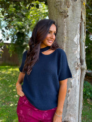 Navy Asymmetric Off Shoulder Knit Cora