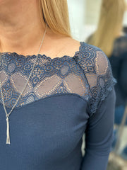 Navy Long Sleeve Lace Top Ruby