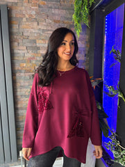 Wine Sequin Bow Sweat Top Emma