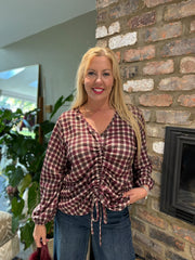 Wine Checked Drawstring Top Miranda