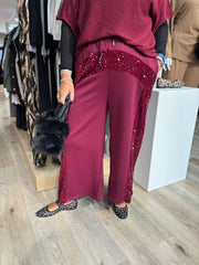 Wine Cropped Sequin Panel Wide Leg Trousers