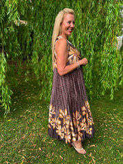 Chocolate Pleated Floral Stripe Dress Leona