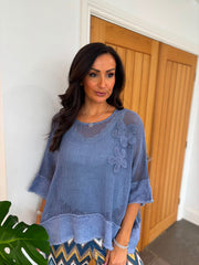 Denim Distressed Trim Net Top Shirley