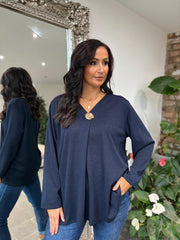 Navy V Neck Brooch Top Harper