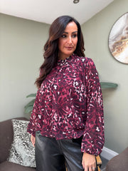 Wine Abstract Leopard Blouse Poppy