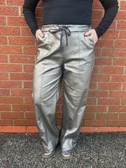 Pewter Wide Leg Seam Front Pleather Trousers