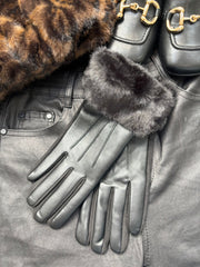 Black Faux Fur Trim Gloves