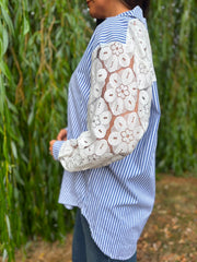 Denim Lace Sleeve Pinstripe Shirt Cove
