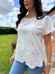 White Embroidered Paisley Top Giselle