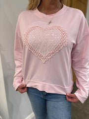 Pink Crochet Sequin Heart Sweatshirt Wren