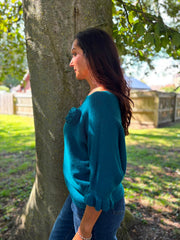 Teal Applique Ruffle Sleeve Knit Crystal