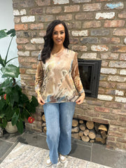Mocha Abstract Print Mesh Top Jenna