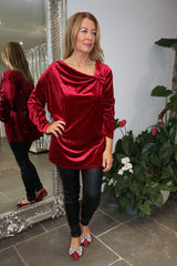 Wine Velour Cowl Neck Sparkle Top Olivia