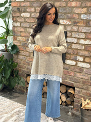 Mocha Lace Hem Longline Knit Kirsty