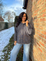 Charcoal Leopard Trim Coat Maisy