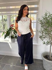 Navy Pull On Wide Leg Velour Trousers