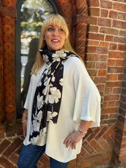 Black Floral Raw Edge Scarf
