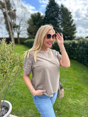 Mocha Net Sleeve Applique Tee Gemma