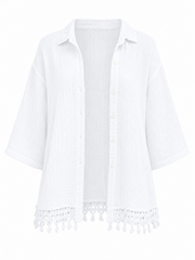 White Bubble Cotton Crochet Hem Blouse Jo