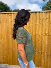 Khaki Crochet Knit Top Selina