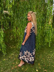 Navy Pleated Floral Stripe Dress Leona