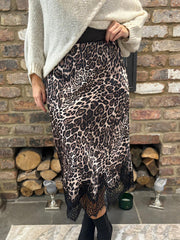Leopard Satin Style Lace Trim Skirt