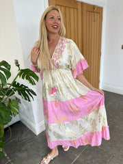 Pink Tiered Golden Leaf Kaftan Dress Molly