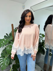 Pink Striped Lace Hem Top Adelaide