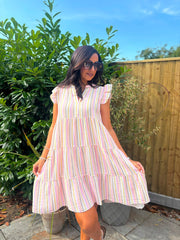 Mocha Bubble Cotton Striped Dress Crystal