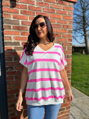 Neon Pink V Neck Striped Top Rose