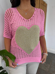 Candy Pink Loose Knit Gold Heart Top Linda