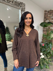 Chocolate V Neck Brooch Top Harper