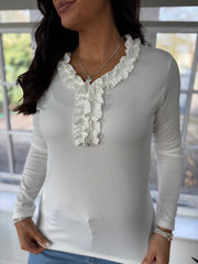 White Ruffle Detail Top Jeanelle