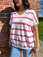 Neon Pink V Neck Striped Top Rose