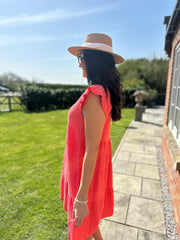 Coral Frill Sleeve Bubble Cotton Dress Alison