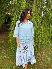 Blue Asymmetric Floral Frill Skirt Amy